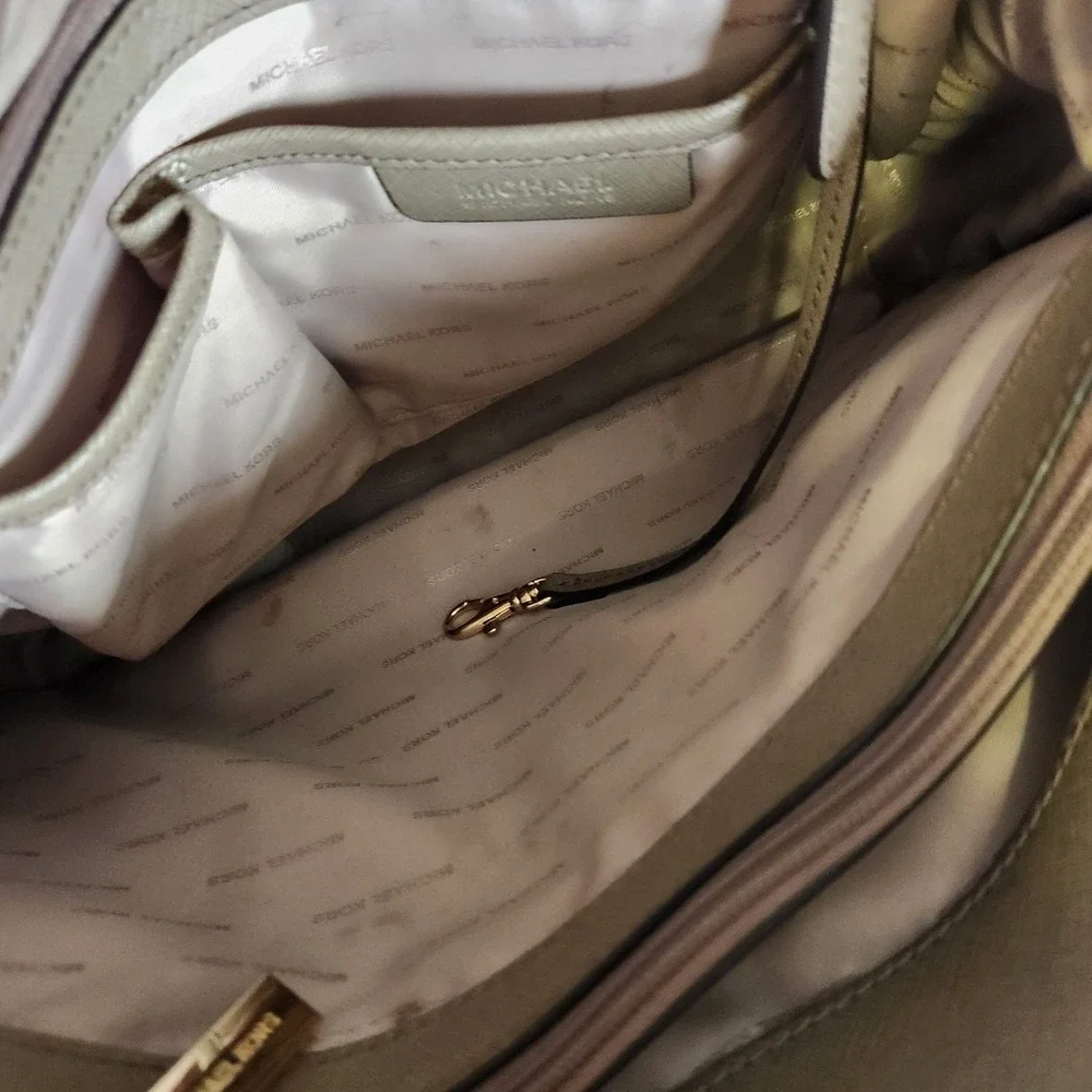 Michael Kors Saffiano Leather Tote Satchel‎ Taupe Chain Strap Large Shoulder Bag